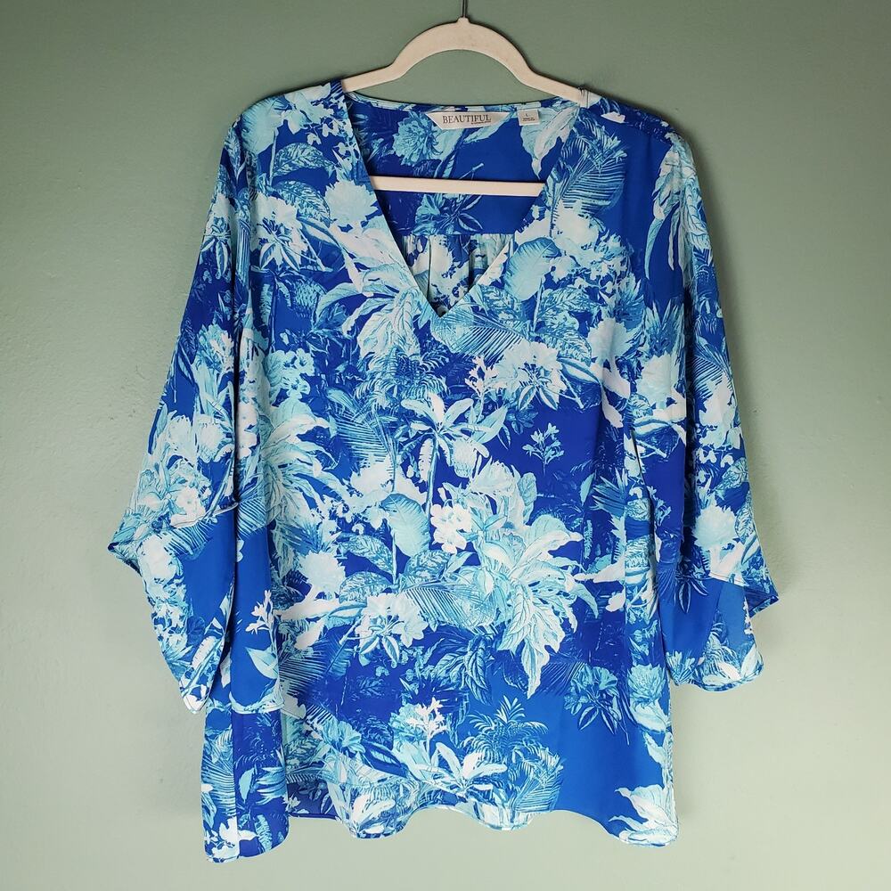 Beautiful Lawrence Zarian Womens Blue Paradise Printed V-Neck Blouse Size Large